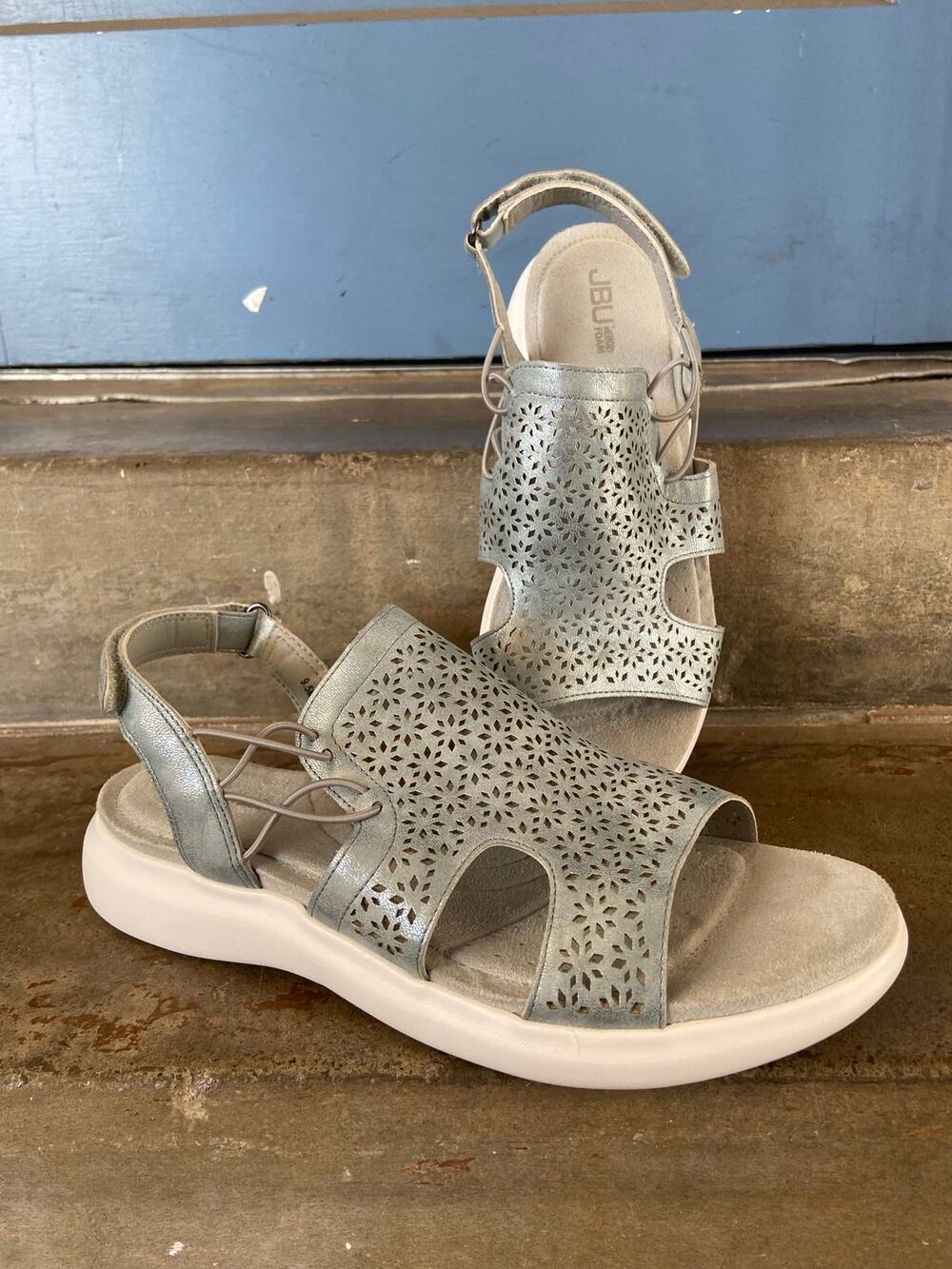 JBU metallic silver perforated upper comfort sport sandals
